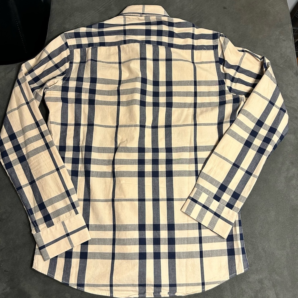 Burberry Beige and Navy Plaid Long-Sleeve Dress Shirt - Picture 3 of 3